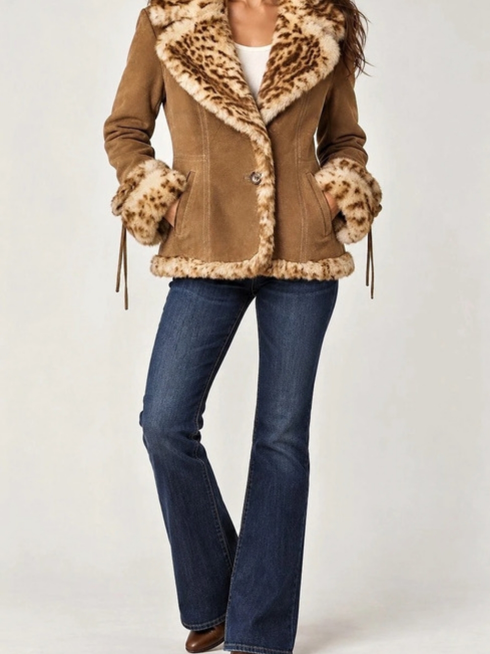 GUESS Genuine Leather Jacket Faux Fur Leopard Trim Brown Women’s L Y2K